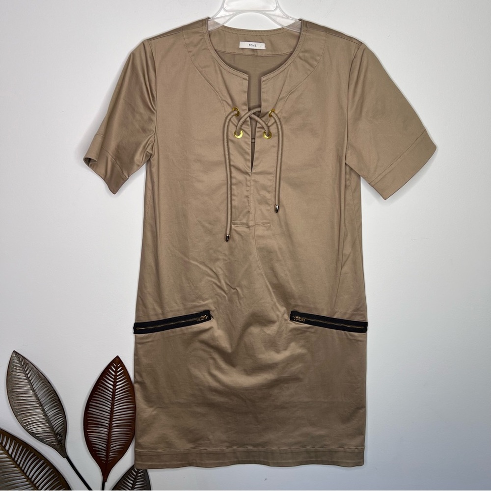 Tome Beige Brown Short Sleeve Front‎ Pockets Dress H4